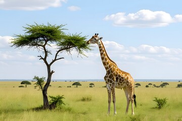 Majestic Giraffe Grazing Under Acacia Tree in African Savannah