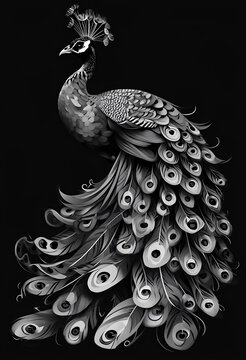 disegno a china di un pavone dalla moltitudine di piume colorate, ink drawing of a peacock with a multitude of colorful feathers