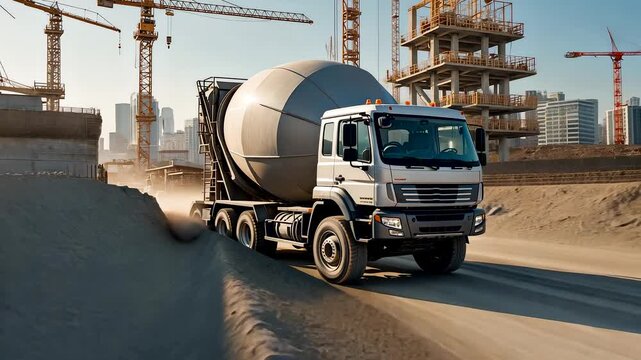 Heavy cement mixer truck driving on dirt road at active construction site with cranes and unfinished buildings