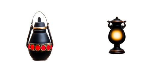 Decorative antique lantern with glowing light and ornate oil lamp with red accents, cut out transparent