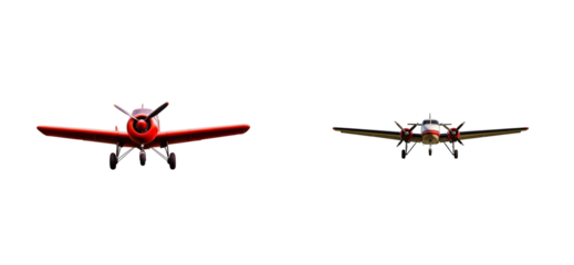 Vintage Red Propeller Plane and Modern Twin-Engine Aircraft Flying Against Black, cut out transparent
