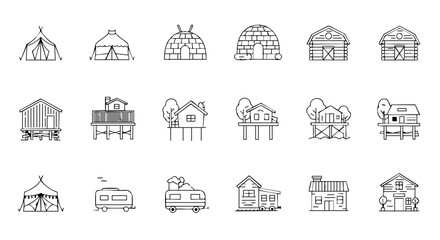 Housing types black and white flat icon set vector isolated
