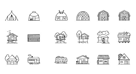 Housing types black and white flat icon set vector isolated