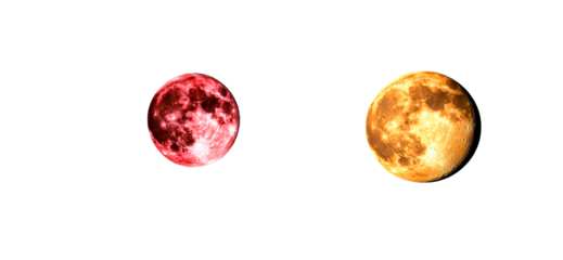 Two celestial bodies with contrasting colors, one red and one orange, against a dark void, cut out transparent
