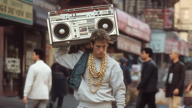 1980s rapper on a city street carrying boombox