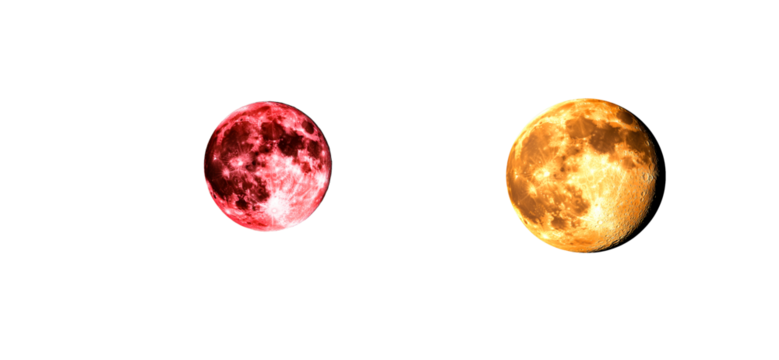 Two celestial bodies with contrasting colors, one red and one orange, against a dark void, cut out transparent