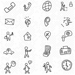 Diverse doodle icons representing communication, travel, home, and business concepts for modern design projects.