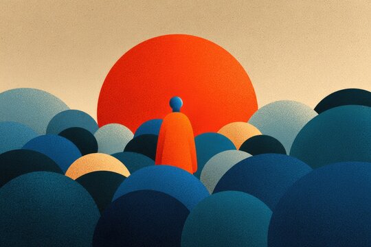 A single figure in orange cloak stands out amongst muted hills