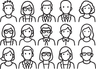 Diverse Collection of Doodle-Style People Icons Featuring Varied Hairstyles Clothing and Accessories Representing a Range of Professions and Personalities