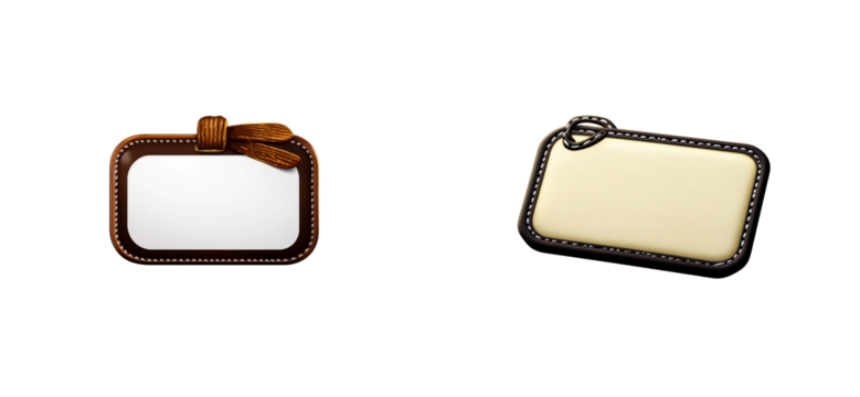 Two stitched leather luggage tags with blank white and cream inserts and decorative ties, cut out transparent