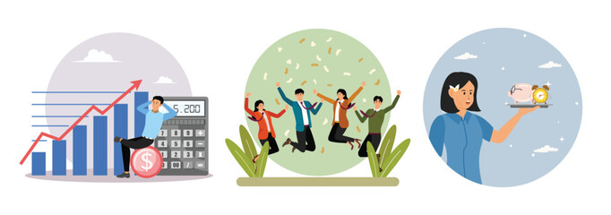 Calculate revenue growth concept. Happy office workers. Pension fund investment for retirement.