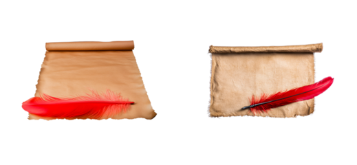 Old parchment scroll and red quill pen on black background, cut out transparent