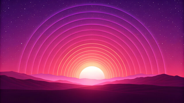 Neon sunset over layered purple mountains with starry sky full hd 4k stock image download gradient background