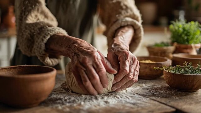 Elderly hands kneading dough in rustic kitchen setting with wooden bowls and herbs
