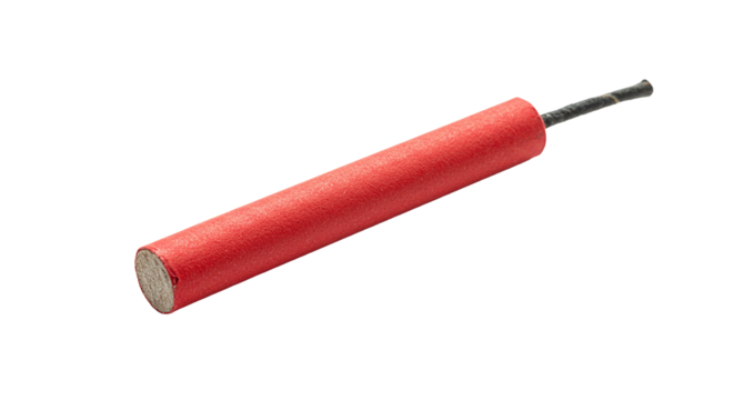 Single red firecracker with black fuse isolated on a plain dark surface ready for celebration transparent background PNG, Realistic