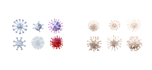 Microscopic virus shapes displayed on a black background, cut out transparent