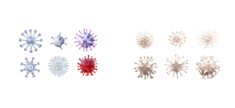 Microscopic virus shapes displayed on a black background, cut out transparent
