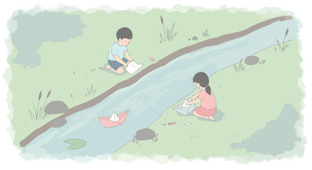 Obraz premium Children play with paper boats by a stream, grassy landscape, possibly for kids’ content