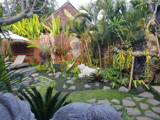 Tropical Balinese Garden with Traditional Architecture and Lush Green Plants