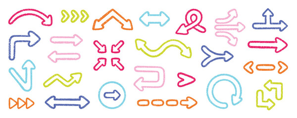 Chalk pencil arrows doodle set. Charcoal childish scribble direction pointers in sketch style. Crayon and Grunge texture. Hand drawn vector illustration isolated on white background