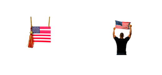 Man holding American flag overhead against a black background, cut out transparent