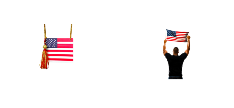 Man holding American flag overhead against a black background, cut out transparent