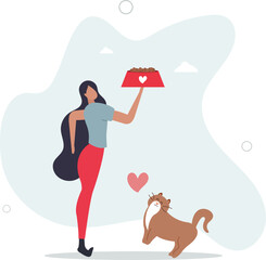 woman posing with cat food. pets concept.flat vector illustration.human life.