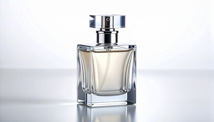 Clear glass perfume bottle with silver cap&mdash;elegant, geometric, and luminous; a vessel of allure, memory, and the invisible architecture of scent.