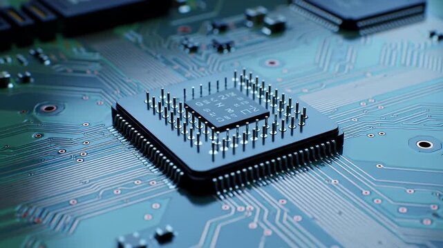 Central Processing Unit Microchip on Circuit Board with Green and Blue Tones under Soft Lighting Displaying Intricate