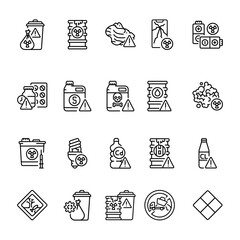 Toxic waste black line icons set for digital and print projects.