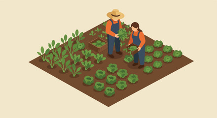 Isometric view of farmers harvesting crops in a garden on a plain background