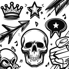 Black and white doodle icon set, music star theme. Large bold sketches of crown, arrows, speech bubbles, skull. Clean professional stock-ready vector, smooth balanced outlines 6
