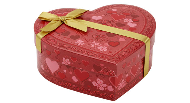 Luxurious heart-shaped chocolate box tied with a golden ribbon for romantic gifts transparent background PNG, Realistic