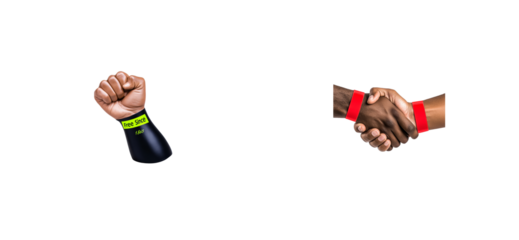 Black hands shaking with red wristbands, fist raised with green wristband, cut out transparent