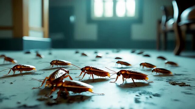 Group of cockroaches crawling across dirty floor surface inside abandoned building with window light in background