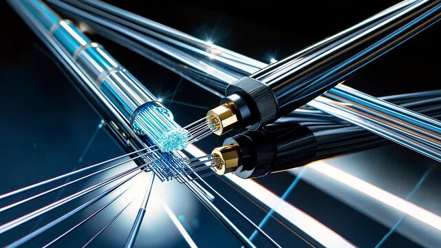 Closeup of fiber optic cables with glowing blue light beams transmitting fast digital data in modern technology