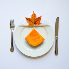 A single slice of pumpkin pie sits on a white plate with a fork and knife adorned with a vibrant autumn maple leaf
