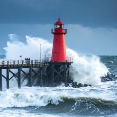 Obraz premium Stormy seas, red lighthouse