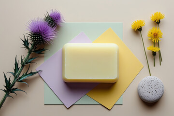 A pale yellow rectangular soap bar placed on two overlapping pastel color cards, accompanied by a bunch of purple thistle flowers
