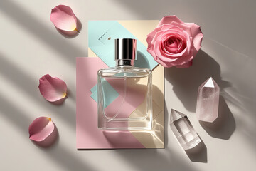 A glass perfume bottle placed on pastel paper cards, surrounded by pink rose petals on the left and a small quartz crystal on the right