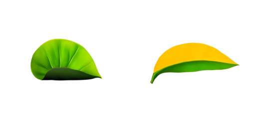 Abstract composition of curved green and yellow foliage against a black background, cut out transparent