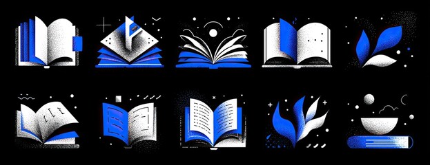 Abstract book icons, open books in white and blue, on a black background