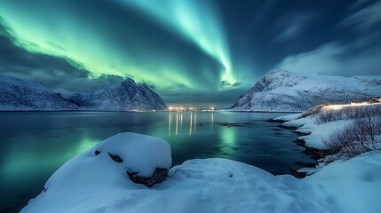 Fototapeta premium Majestic Aurora Borealis Dancing Over Snowy Mountains Reflections with Norway.