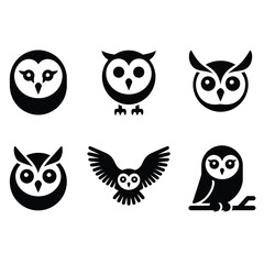 Black and white vector bundle of owl icons including barn owl, snowy owl, great horned owl, screech owl, burrowing owl, flying, perched