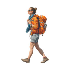 Female hiker with backpack, isolated on transparent background