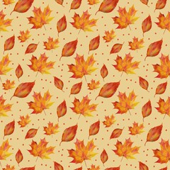 Seamless pattern maples and autumn leaves on beige background watercolor illustration with orange dots. Print, perfect for branding, packaging, and autumn festival products