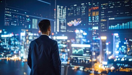 Business analyst in suit—facing glowing financial charts against a city skyline; a visual of strategy, data, and the pulse of modern ambition.