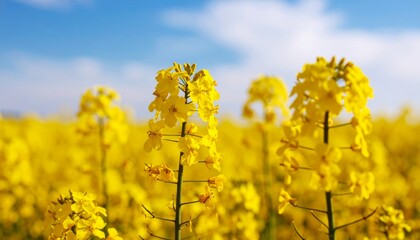 Obraz premium A golden field of rapeseed flowers blossoms under a bright blue sky, a vibrant agricultural landscape of nature and sun
