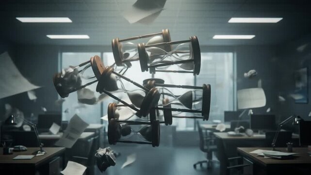 Floating hourglass amidst scattered papers in a chaotic office environment, symbolizing time management issues