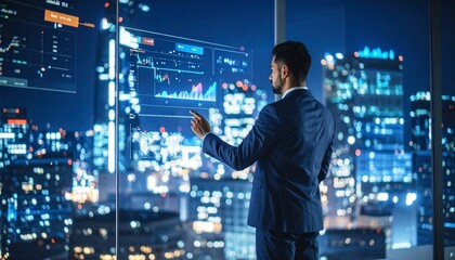 Business analyst in suit—facing glowing financial charts against a city skyline; a visual of strategy, data, and the pulse of modern ambition.